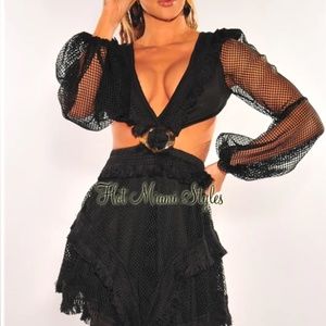 NWOT BLACK FRINGE CUT OUT LACE UP BACK LONG SLEEVES DRESS